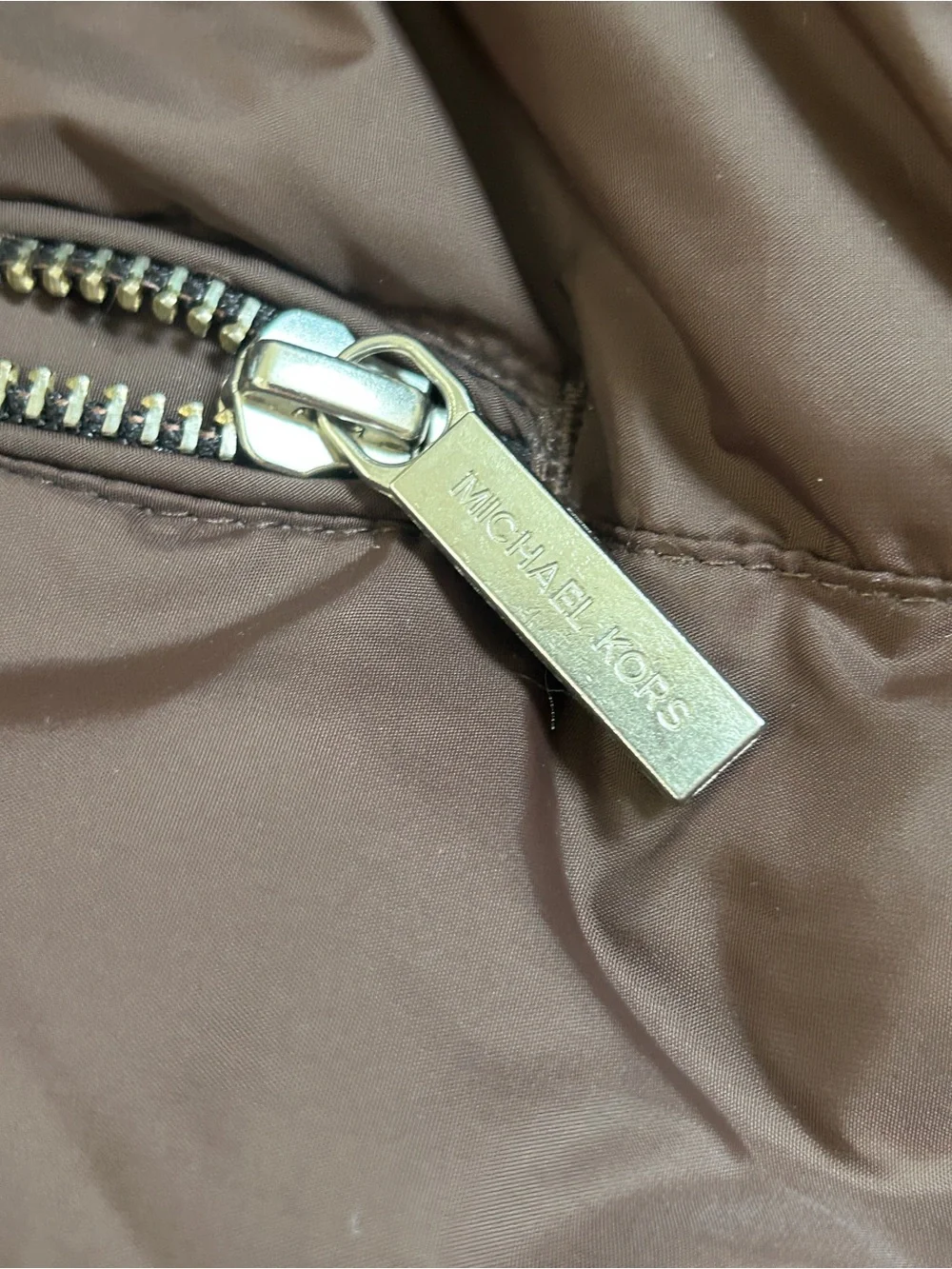 Michael Kors Dark Brown Quilted Puffer Coat with Black Collar